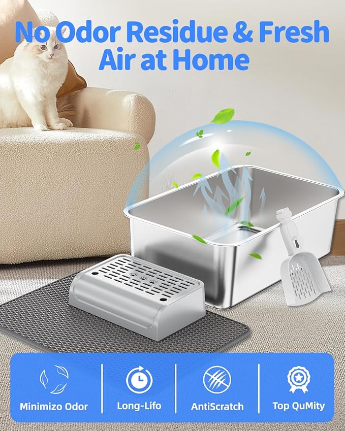 Stainless Steel Litter Box Set- [6-in-1] Extra Large Cat Litter Box with Pedal, Mat, Scoop, Brush, Wands, Non-Sticky Metal Litter Box for Cat, Kitt, Odorless, Easy Clean (23.6"x15.7"x8", 3 Pack)