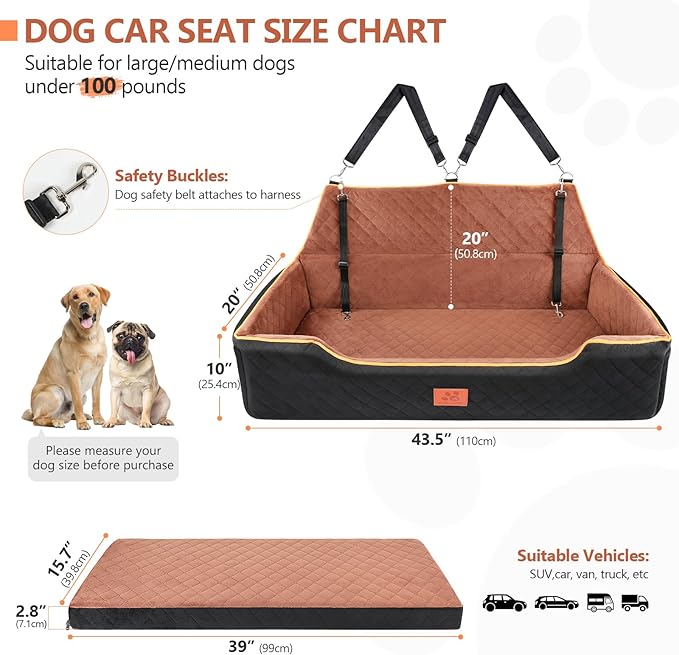 GL GLENSLAVE Dog Car Seat for Large/Medium Dogs, Comfortable Dog Car Booster for Back Seat, Fully Detachable & Washable Pet Travel Bed with Storage Pockets,2 Safety Belts