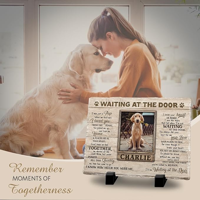 Personalized Dog Memorial Stone Plaque - Waiting at The Door, Sympathy Gift for Pet Lovers, Changing Colorful Background to Paint Loving Memory, Ideal Cat Mom Gifts