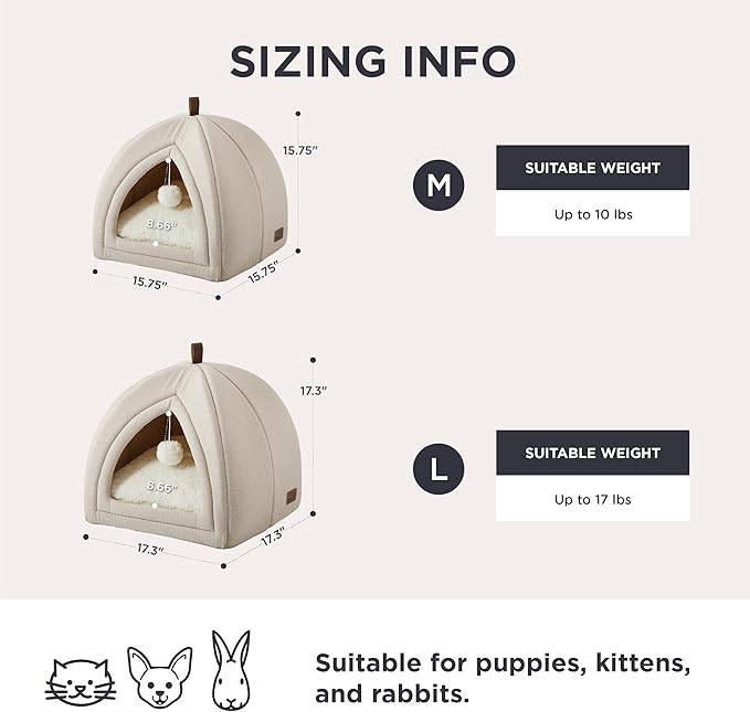 Bedsure Cat Beds for Indoor - 2 in 1 Cat Cave House Tent for Kittens and Small Pets with Removable Washable Cushioned Pillow, Foldable Kitten Hideaway with Non-Slip Bottom, Beige, 17.3 inches