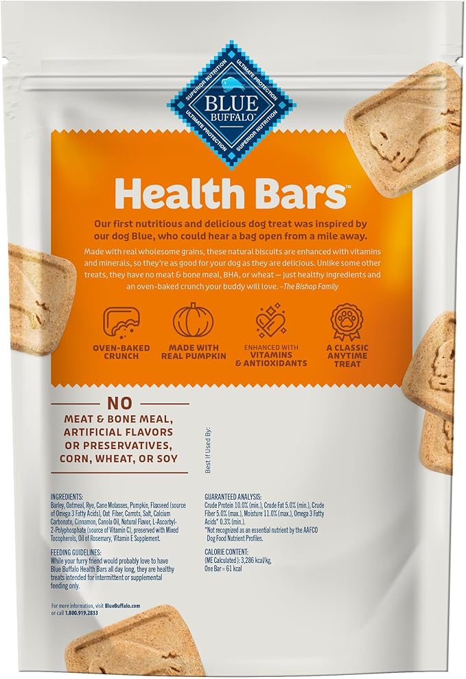 Blue Buffalo Health Bars Crunchy Dog Biscuits, Oven-Baked With Natural Ingredients, Pumpkin & Cinnamon, 16-oz Bag