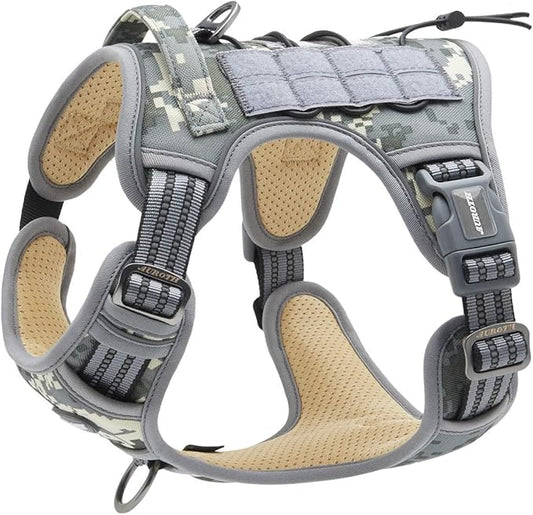 Auroth Tactical Dog Training Harness No Pulling Front Clip Leash Adhesion Reflective K9 Pet Working Vest Easy Control for Small Medium Large Dogs Grey Camo S