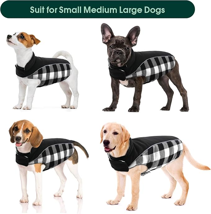 Kuoser Dog Winter Coat, Reversible Waterproof Dog Jacket with Reflective Strip, Warm Dogs Fleece Vest Adjustable Doggy Cold Weather Clothes Plaid Christmas Outfit Pet Apparel for Small Dogs, Black S