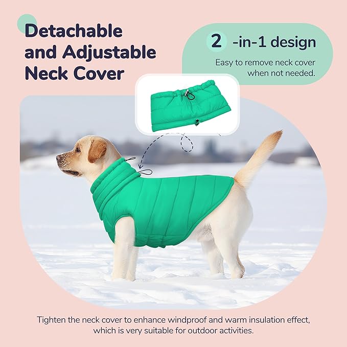 PUMYPOREITY Dog Puffer Coat with Detachable Scarf, Warm Padded Cold Weather Vest, Windproof Lightweight Snowsuit, Water Resistant Dog Winter Coats, Thermal Winter Jacket for Small Medium Large Dogs