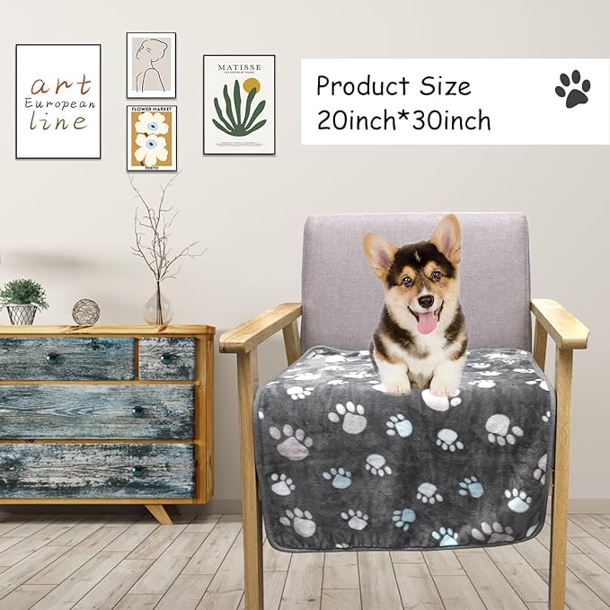 Rezutan Dog Blankets for Medium Dogs, Upgraded 3 Pack Dog Cat Blanket Washable, Soft Pet Mat Throw Cover Suitable for Kennel Crate Bed, Cute Paw Pattern, 30"x20", Grey