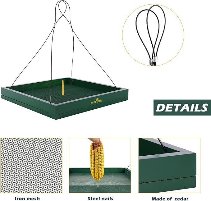 MIXXIDEA Bird Feeder Hanging Tray, Bird Feeders for Outdoors, Wooden Seed Tray Platform Mesh Seed Platform for Garden Yard Outside Decoration Attracting for Wild Birds (Green-1pk)