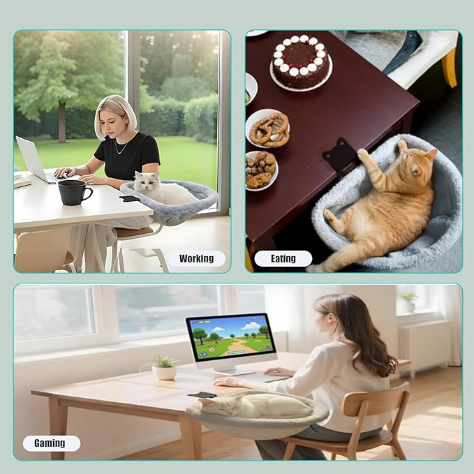 Foldable Cat Bed for Desks - One-Click Folding & Space-Saving Semi-Circle Design, Plush Faux Rabbit Fur with Sunken Cave, Holds 40lb/18kg Cats - Perfect for Office/Gaming Desks (Gray)