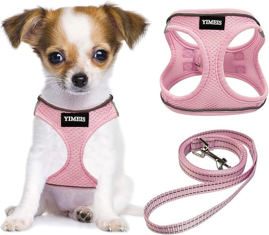 YIMEIS Dog Harness and Leash Set, No Pull Soft Mesh Pet Harness, Reflective Adjustable Puppy Vest for Small Medium Large Dogs, Cats (Pink, Medium)