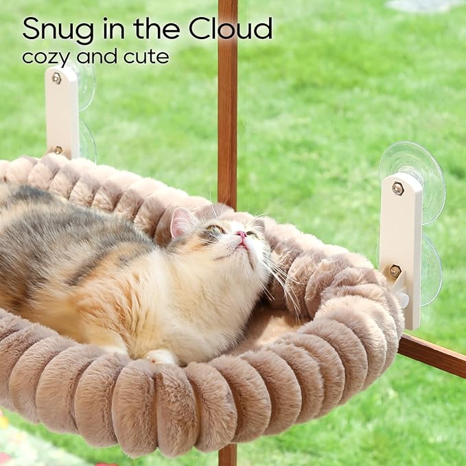Zakkart SnugCloud Foldable Cat Window Perch - Cordless, Ultra Soft Machine Washable Bed with 4-Sided Bolster, Metal Frame - Window Hammock for Large Cats and Kittens (Brown, Large)