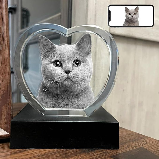 Personalized Dog, Cat Memorial Gifts for Pet Owners. Gift Box Included, Customized Laser Etched Crystal Photo (Medium Heart)
