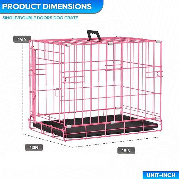FDW Dog Crate for Small Dogs 18 Inch Folding Metal Wire Pet Cage Single Door W/Divider Panel Indoor Outdoor Kennel Leak-Proof Plastic Tray,Pink