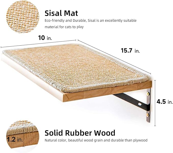 FUKUMARU Cat Wall Shelves, 16 x 10 Inch Cat Walls Furniture with Sisal Mat, Solid Rubber Wood Floating Shelf with Upgraded Installation, Kitten Wall Tree for Sleeping, Playing and Scratching