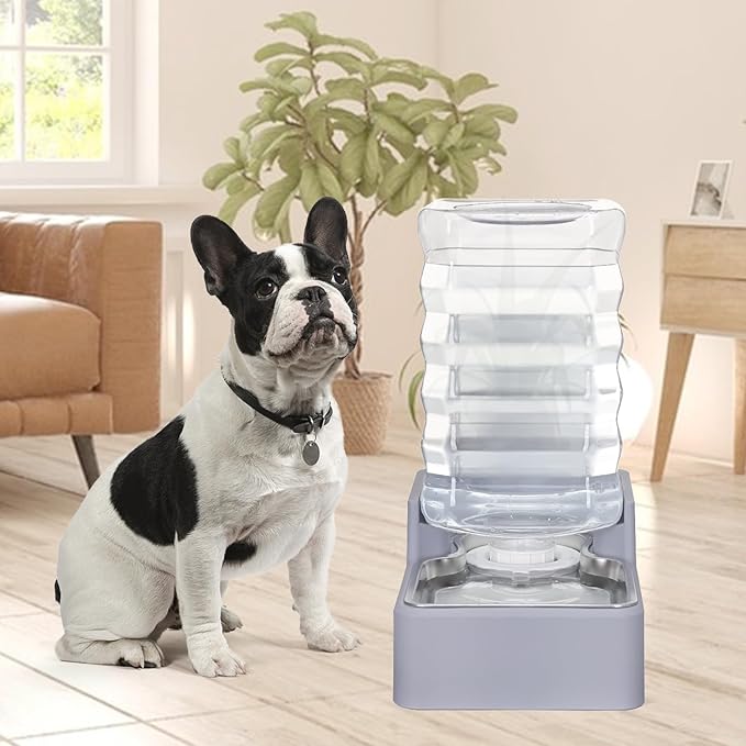 Sfozstra Automatic Dog Water Dispenser: 8L Large Gravity Light Gray Waterer with Stainless Steel Bowl - 100% BPA-Free - Suitable for Pet Owners Garden/Apartment