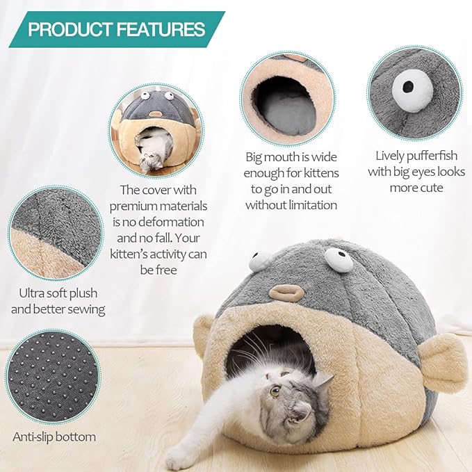 Cat Beds for Indoor Cats - Cat Bed Cave with Removable Washable Cushioned Pillow, Soft Plush Premium Cotton No Deformation Pet Bed, Lively Pufferfish cat House Design, Grey, Multiple Sizes