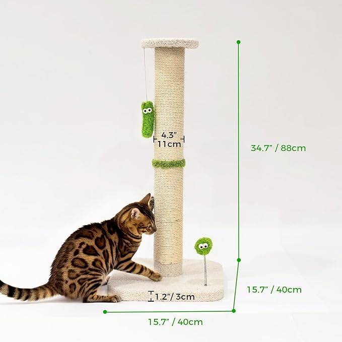 TINYBEAST 34.7" Tall Cat Scratching Post, 3 in 1 Sisal Cat Scratcher, Heavy Duty 4.3" Diameter Cat Tree with Hanging Bell Ball Toy and Reinforced Stable Base for Indoor Adult Cats & Kittens(Beige)