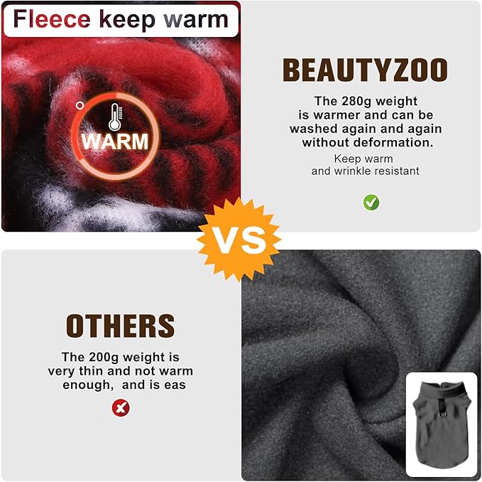 BEAUTYZOO Dog Fleece Vest Sweater Winter Jacket for Small and Medium Dogs with D-Ring Leash Cold Weather Coat Hoodie for XS S M Dogs Boy or Girls, Red Buffalo S