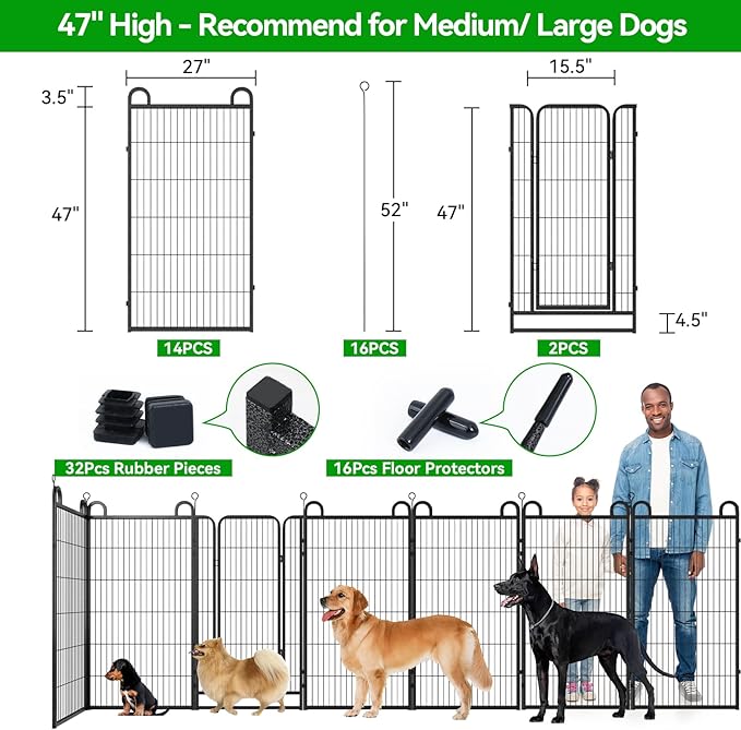 Dog Playpen Outdoor 16 Piece Panels Heavy Duty Dog Fence 47" Height Anti-Rust with Doors Portable for RV Camping Yard, Total 36FT, 103 Sq.ft, Snowy Black