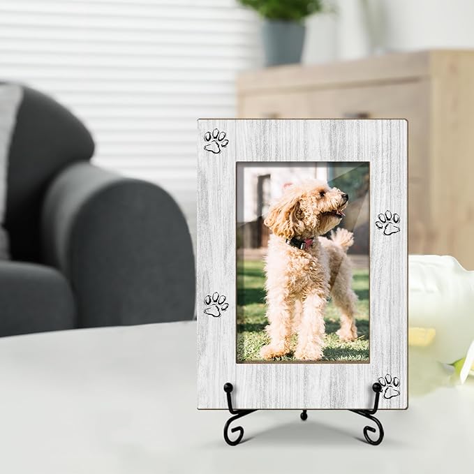 Pet Picture Frame, Paw Print Photo Frame for Dog Cat, Gifts for Pet Lover Pet Owner Wooden Picture Frame, 4"x6" Photo Frame for Tabletop Display, Home Office Desk Decor Shelf Display/XK59