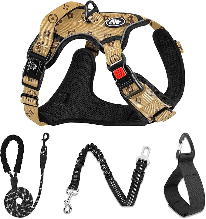 NESTROAD No Pull Dog Harness,Adjustable Oxford Dog Vest Harness with Leash,Reflective No-Choke Pet Harness with Easy Control Soft Handle for Small Dogs(Small,Light Brown)
