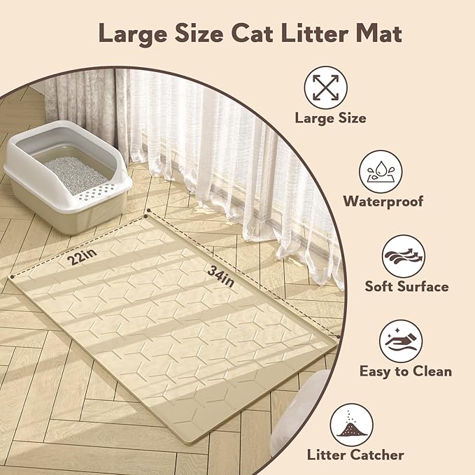 Silicone Cat Litter Trapping Mat, Large Waterproof 34" X 22" Cat Litter Box Mat, Easy to Clean, Beige