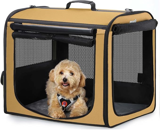 Dog Car Carrier Light Weight, Dog Carrier for Cars Easy to Assemble, Dog Cars Crate Portable and Breathable, Foldable Pet Carrier for Both Indoor and Outdoor Use, Dogs Travel Crate with Curtain Brown