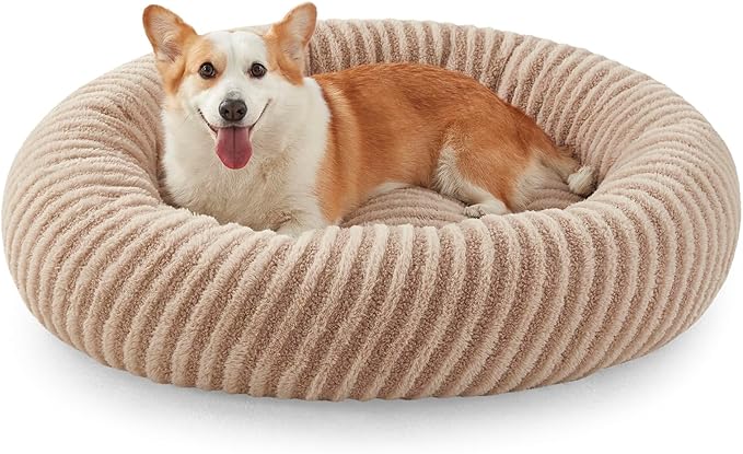 MIXJOY Calming Dog Beds Large Sized Dogs - Washable Donut Large Dog Bed, Round Fluffy Plush Faux Fur Pet Bed with Anti-Slip Bottom, 36"x36"x10", Beige