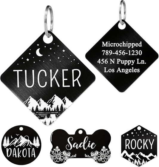 Ultra Joys Stainless Steel Personalized Dog and Cat ID Tags - Front and Back Engraving, Optional Both Sides, Diamond Tag Mountain Black Large