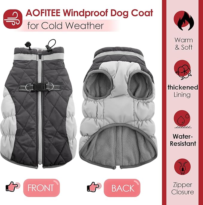 AOFITEE Dog Coat, Warm Dog Winter Coat for Large Dogs, Reflective Turtleneck Dogs Jacket with Harness Built in, Waterproof Windproof Pet Puffer Jacket Fleece Vest for Cold Weather, Grey XXXL