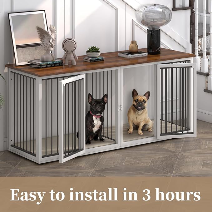 Large Dog Crate Furniture for 2 Dogs, 71.6'' Steel Frame Dog Crate with Double Doors, Heavy Sturdy Kennel for Small Medium Large Dogs, Indoor Double Dog Cage (White)