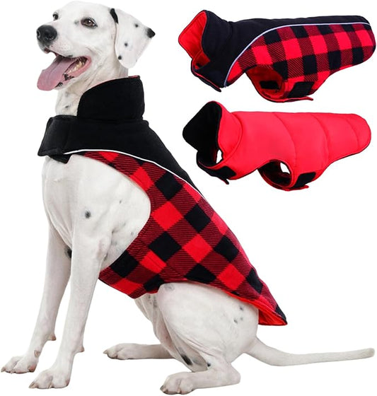 Kuoser Dog Winter Coat, Reversible Waterproof Dog Jacket with Reflective Strip, Warm Dogs Fleece Vest Adjustable Doggy Cold Weather Clothes Plaid Christmas Outfit Pet Apparel for Large Dogs, Red XL