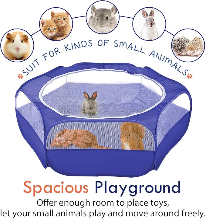 Pawaboo Small Animals Playpen, Waterproof Small Pet Cage Tent with Zippered Cover, Portable Outdoor Yard Fence with 3 Metal Rod for Chick/Kitten/Puppy/Guinea Pig/Rabbits/Hamster/Chinchillas,Indigo