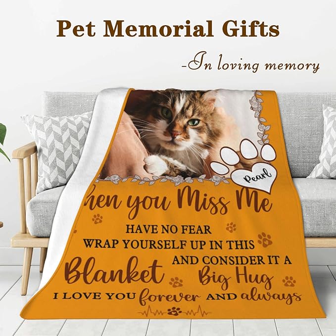 Custom Pet Memorial Blanket with Photo,Personalized Dog/Cat Loss Sympathy Gift,Pet Loss Bereavement Remembrance Gifts,Flannel Throw Blanket with Pictures (Orange)