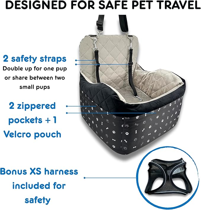 Dog Car Seat for Small Dogs & Medium Under 30 lbs, Bonus Safety XS Harness, Dog Booster Car Seat with Thick Cushions, 3Storage Pockets with Zipper, 2 Safety Belts