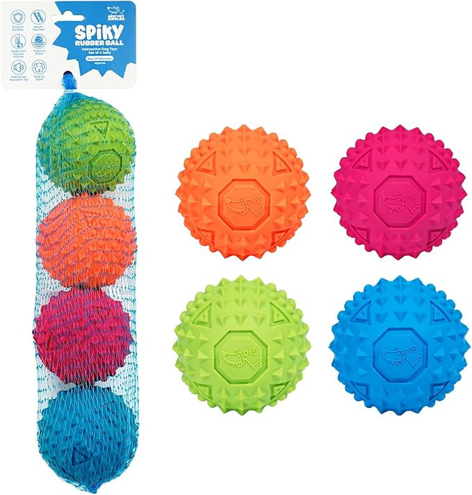 Best Pet Supplies Tough Dog Toys for Aggressive Chewers - Squeaky Dog Toys, Non-Toxic Spiky Ball for Dental Health, Interactive Toy, Pack of 4, Fuschia, Green, Blue, Orange (M:2.5")
