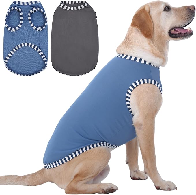 IECOii 2 Pack Large Dog T-Shirt | Non-Restrictive Fit for Running, Breathable Summer Wear - Non-stuffy Design - Keeps Pups Comfortable in Hot Weather, Grey+Blue, 2XL