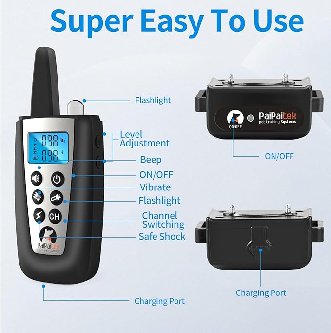 PaiPaitek Dog Bark Collar with Remote 3300ft Range - Automatic Bark Activated Shock Collar for Small Medium Large Dog with 5 Adjustable Sensitivity & Waterproof