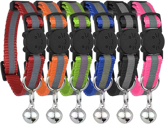 Reflective Cat Collar with Bell, Set of 6, Solid & Safe Collars for Cats, Nylon, Mixed Colors, Pet Collar, Breakaway Cat Collar Charms
