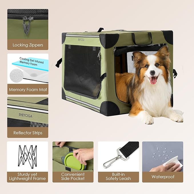 EHEYCIGA Collapsible Dog Crate 26 Inches, Portable Travel Crate for Small Dogs, Soft Foldable Pet Kennel with 4-Door Mesh Windows Indoor & Outdoor, Green
