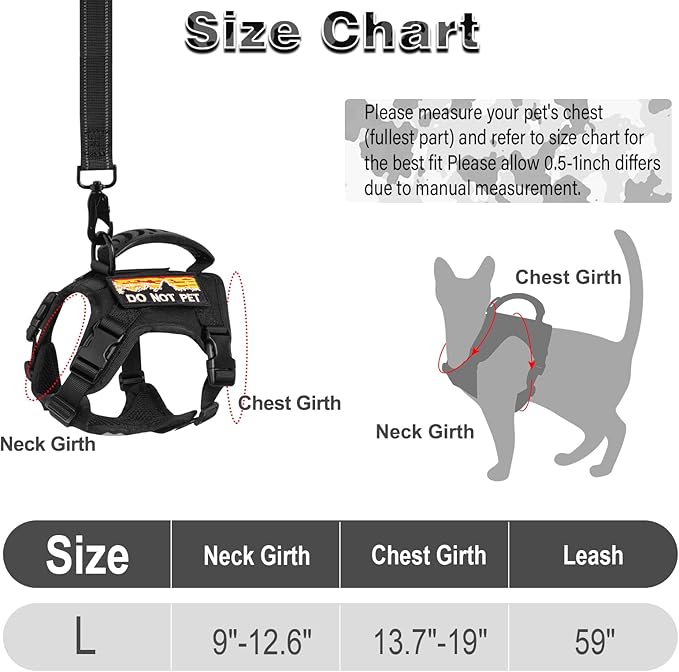 Tactical Cat Harness and Leash for Walking Esacpe Proof,Adjustable Soft Mesh Large Cat Vest with Rubber Handle Easy to Control,Molle Patches