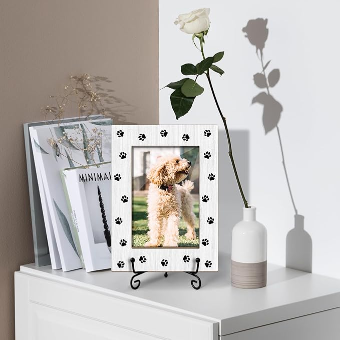 Pet Picture Frame, Pet Paw Print Photo Frame for Dog Cat, Gifts for Pet Owner Pet Lover Wooden Picture Frame, 4"x6" Picture Frame for Tabletop Display, Home Office Desk Decor Shelf Display/XK60