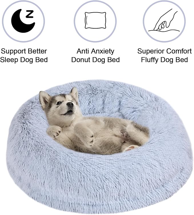 Calming Donut Pet Bed for Cats and Small Dogs, Washable Anti-Anxiety Round Bed with Non-Slip Bottom, [23.62 x 23.62 x 5.9 Inch] Plush Dog Cat Bed for Small Medium Pets (Gray)