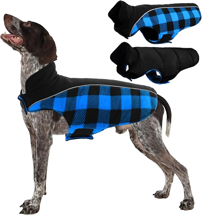 Kuoser Dog Winter Coat, Reversible Waterproof Dog Jacket with Reflective Strip, Warm Dogs Fleece Vest Adjustable Doggy Cold Weather Clothes Plaid Christmas Outfit Pet Apparel for Medium Dogs, Blue M
