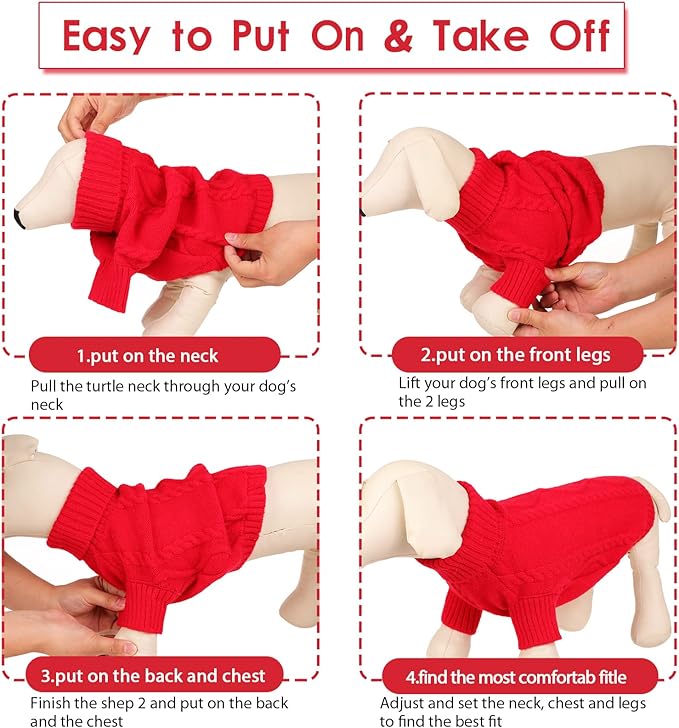 Queenmore Small Dog Pullover Sweater, Cold Weather Cable Knitwear, Classic Turtleneck Thick Warm Clothes for Chihuahua, Bulldog, Dachshund, Pug (Red, Small)