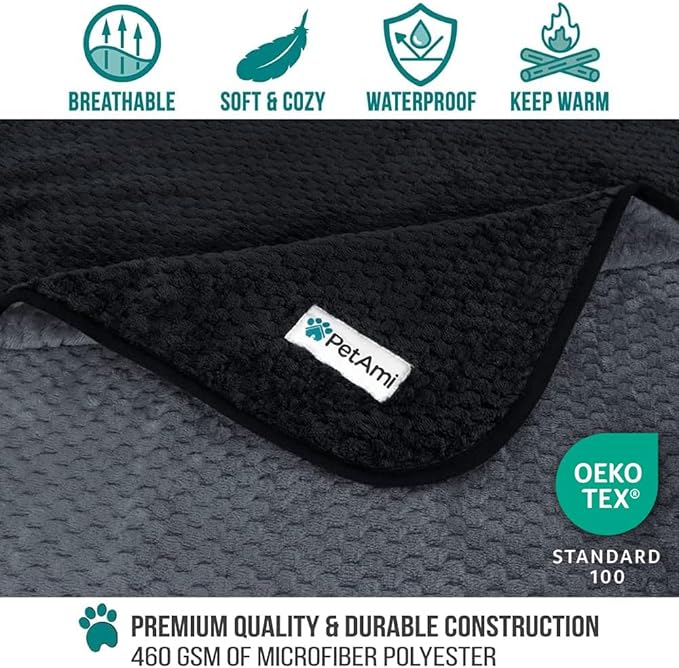 PetAmi Waterproof Dog Blanket, Leakproof XL Pet Blanket for Large Dogs, Furniture Sofa Couch Cover Protector, Fleece Cat Throw Bed Crate Kennel, Reversible Washable Soft Plush, Twin 60x80 Black Gray