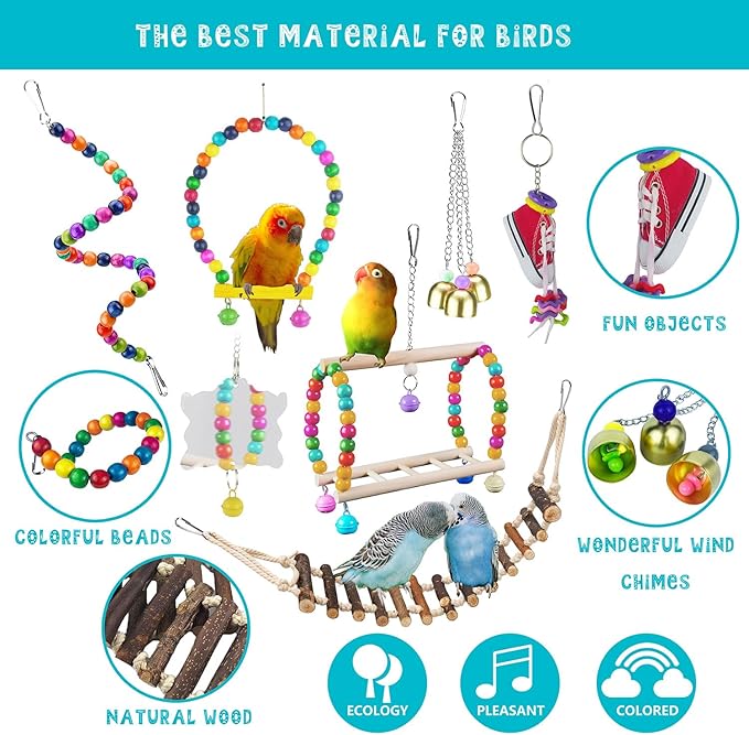 23pcs Bird Parakeet Cockatiel Toys,Parrot Swing Chewing Hanging Toy with Safe Bells,Bird cage Colorful Climbing Standing Rope Natural Wood Ladder Bungee Toys