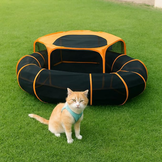 Cat Tent & Tunnel Enclosure – 47" Outdoor Playpen with 106" Tunnel, Water-Resistant Mesh, Zipper Door & Carry Bag – Portable Catio for Cats, Rabbits & Small Pets