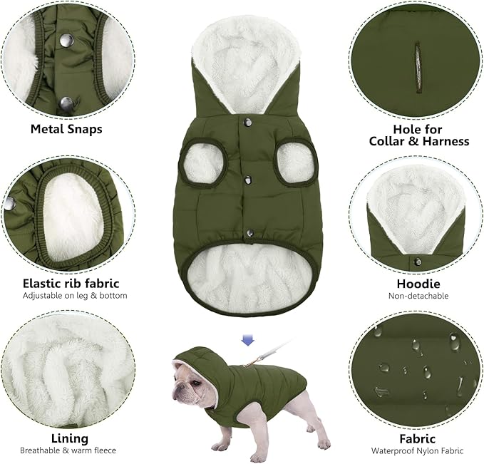 Fleece Hoodie, Windproof Waterproof Coat, Winter Warm Jacket, Cold Weather Pet Apparel Clothes Vest for Small Medium Large Dogs (XXXL, Green)