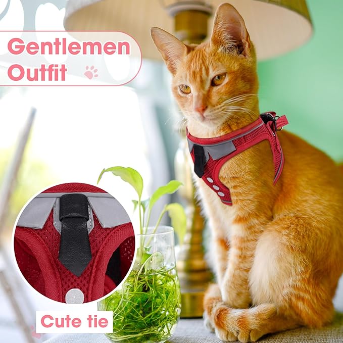 Cat Harness and Leash Set for Walking Escape Proof, Soft Adjustable Kitten Harness Breathable Mesh with Reflective Strips Harness for Kitty Puppy Bunny(Red,XS)