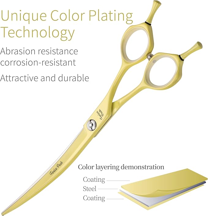 Fenice Peak Curved Dog Grooming Scissors with Yellow Color Coating 440C Stainless Steel Pet Grooming Bending Shears Sharp and Durable Comfortable Engonomic Handle