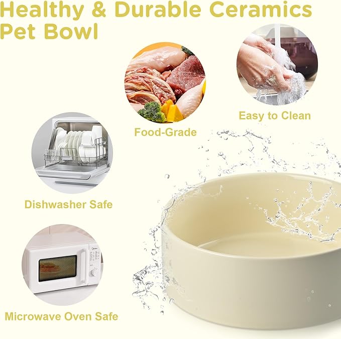 SPUNKYJUNKY Elevated Dog Bowls Ceramic, 5.1'' Dogs and Cat Food Water Bowls Raised with Non-Slip Bamboo Stand for Puppy Small Sized Breed Microwave Dishwasher Safe - 13.5 OZ,Beige